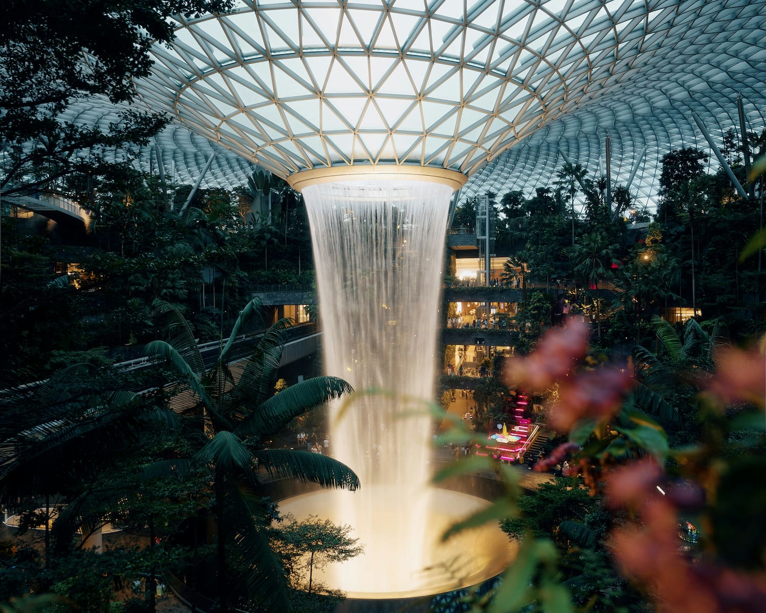 The indoor waterfall and garden at Jewel Changi Airport